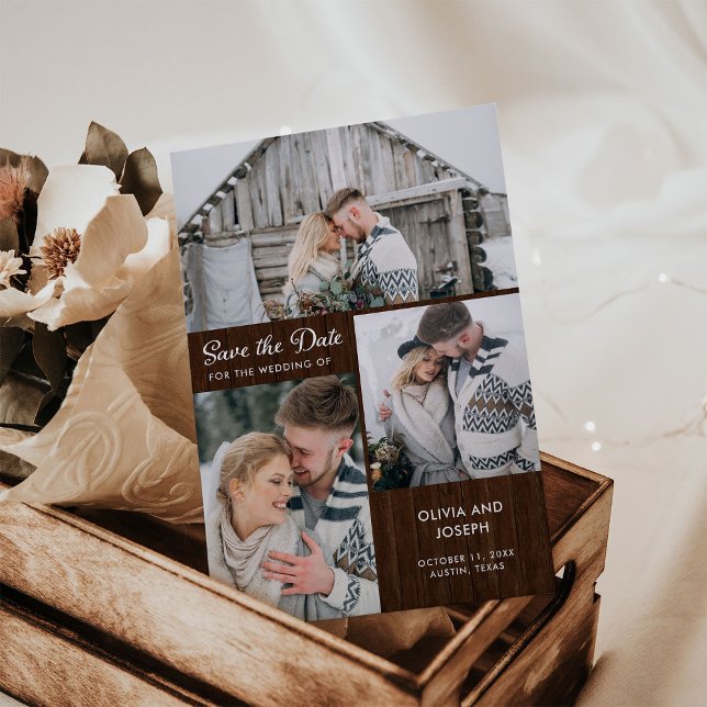 Invitation Magnétique Trois photos sauvez la date | Bois rustique (Créateur téléchargé)