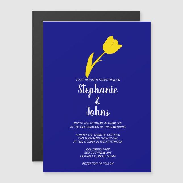 Invitation Magnétique Tulipe jaune Marine Bleu printemps été (Devant / Derrière)