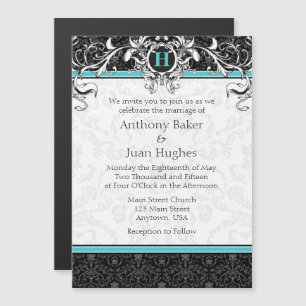 Invitation Magnétique Turquoise Aqua Blue Black Monogram Mariage