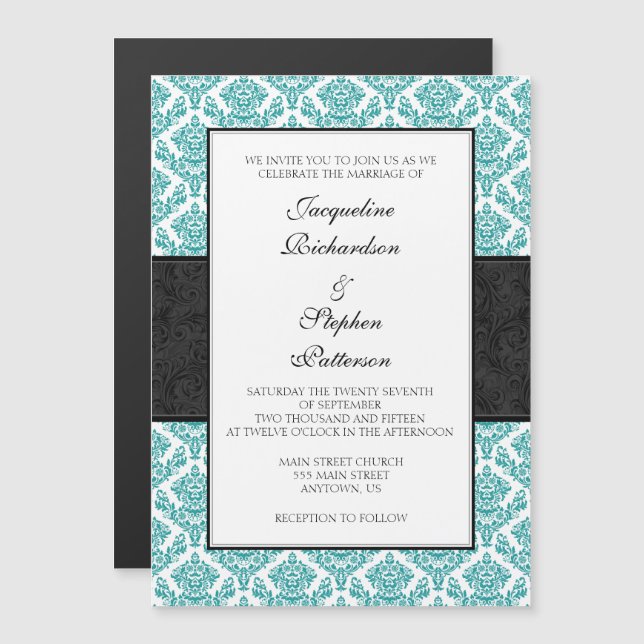 Invitation Magnétique Turquoise Bleu Noir Damas Mariage magnétique Invit (Devant / Derrière)