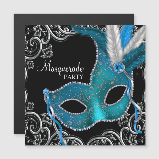 Invitation Magnétique Turquoise Blue Black Masquerade (Devant / Derrière)