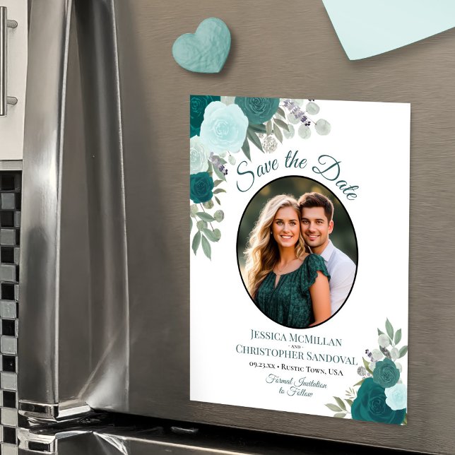 Invitation Magnétique Turquoise Boho Floral & Mariage photo Enregistrer  (Magnetic Card for Easy Display!)