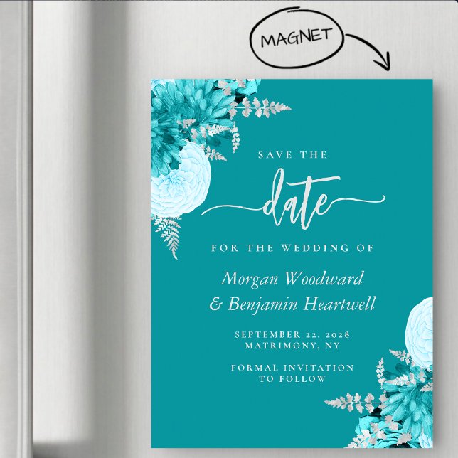 Invitation Magnétique Turquoise Silver Floral Wedding Save the Date (Créateur téléchargé)