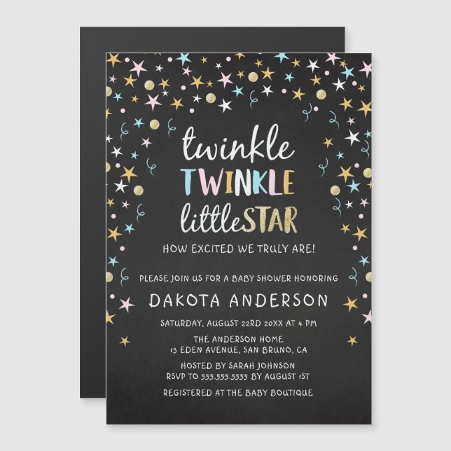 Invitation Magnétique Twinkle Little Star Confetti & Chalk Baby shower (Devant / Derrière)