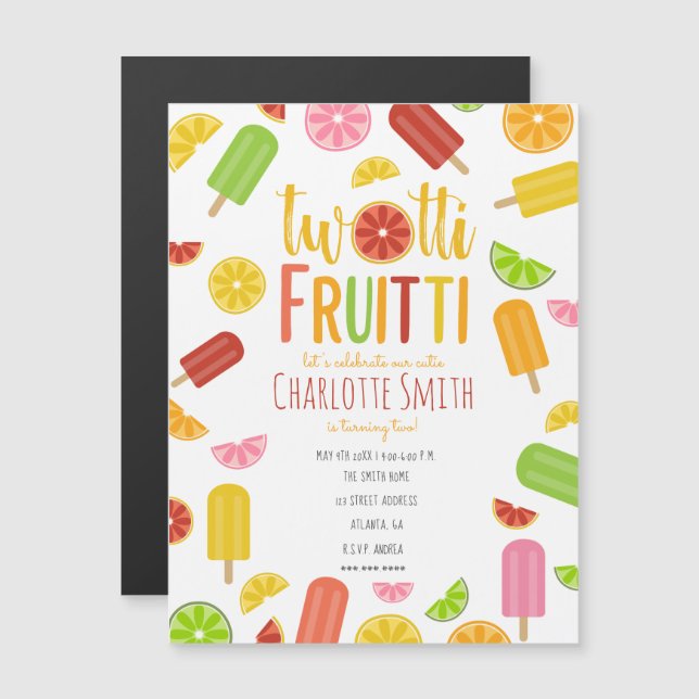 Invitation Magnétique Twotti Fruitti Citrus Glaces Deuxième Anniversaire (Devant / Derrière)