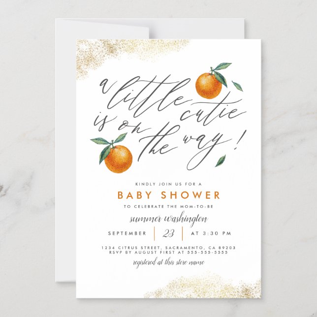 Invitation Magnétique Un Baby shower Neutre Orange Un Peu Cutie (Recto)