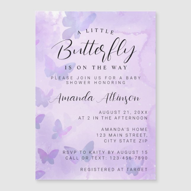 Invitation Magnétique Un petit Baby shower pourpre à papillon (Devant)