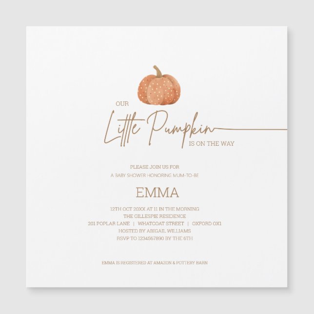 Invitation Magnétique Un petit Citrouille Automne Baby shower neutre de  (Devant)