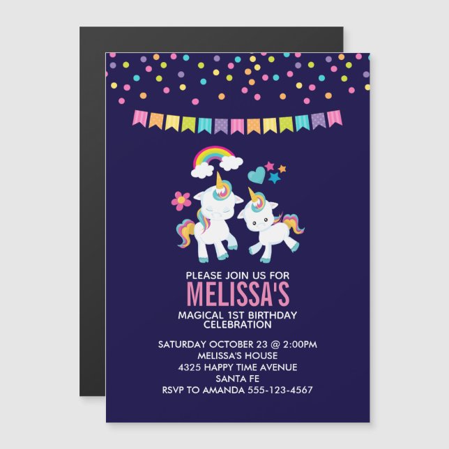 Invitation Magnétique Unicornes magiques mignonnes avec un Rainbow Birth (Devant / Derrière)
