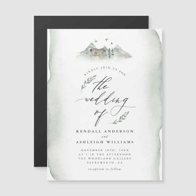 Invitation Magnétique Verdure rustique Aquarelle Feuilles Mariage extéri (Devant / Derrière)