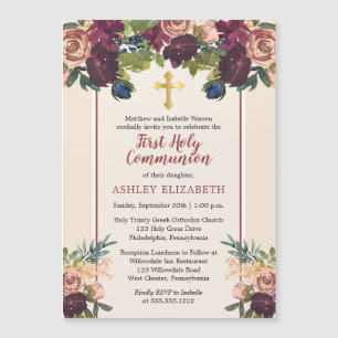 Invitation Magnétique Violet   Aquarelle florale Blush Communion Invit