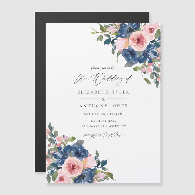 Invitation Magnétique Watercolor Navy et Blush FlorMariage (Devant / Derrière)