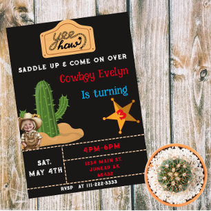 Invitation Magnétique Western Party Anniversaire Cactus Cowgirl