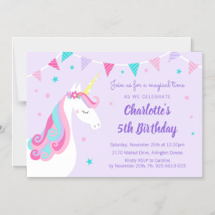 Invitation Magnétique Whimsical Rainbow Unicorn 5e anniversaire violet v