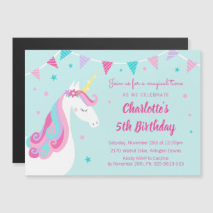 Invitation Magnétique Whimsical Rainbow Unicorn Aqua 5e anniversaire fêt