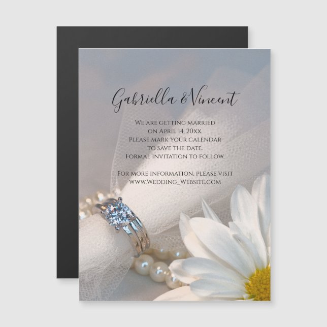 Invitation Magnétique White Daisy Elegance Wedding Enregistrer la date (Devant / Derrière)