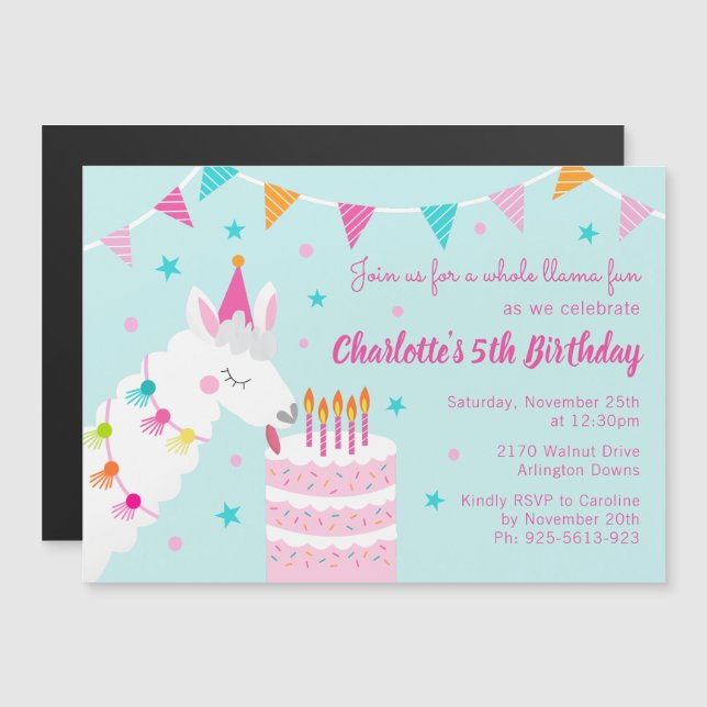 Invitation Magnétique Whole Llama Fun Cake 5e Anniversaire Aqua (Devant / Derrière)