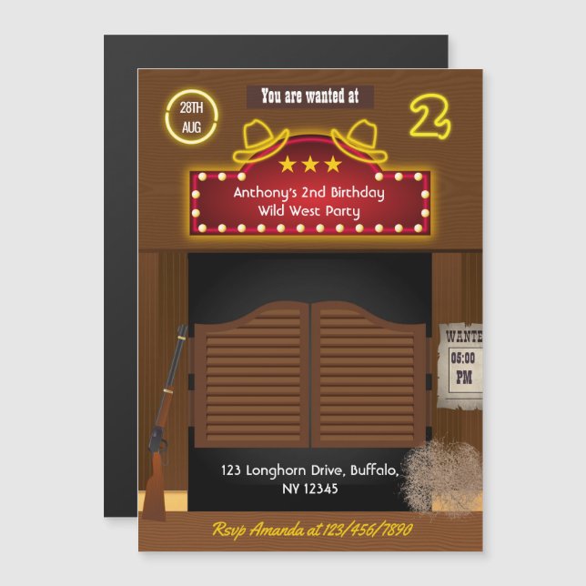 Invitation Magnétique Wild West Cowboy 2e fête d'anniversaire (Devant / Derrière)