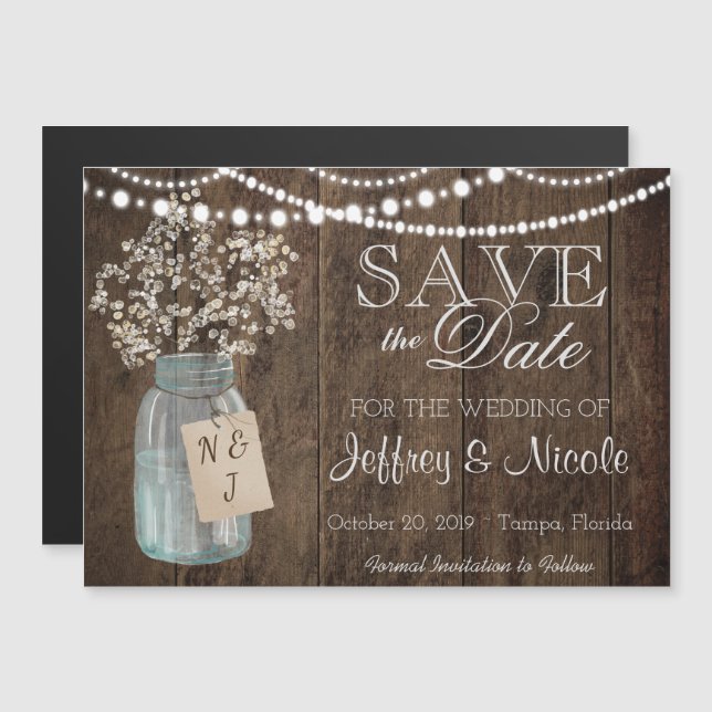 Invitation Magnétique Wood Rustic Country Barne Mariage Date de sauvegar (Devant / Derrière)