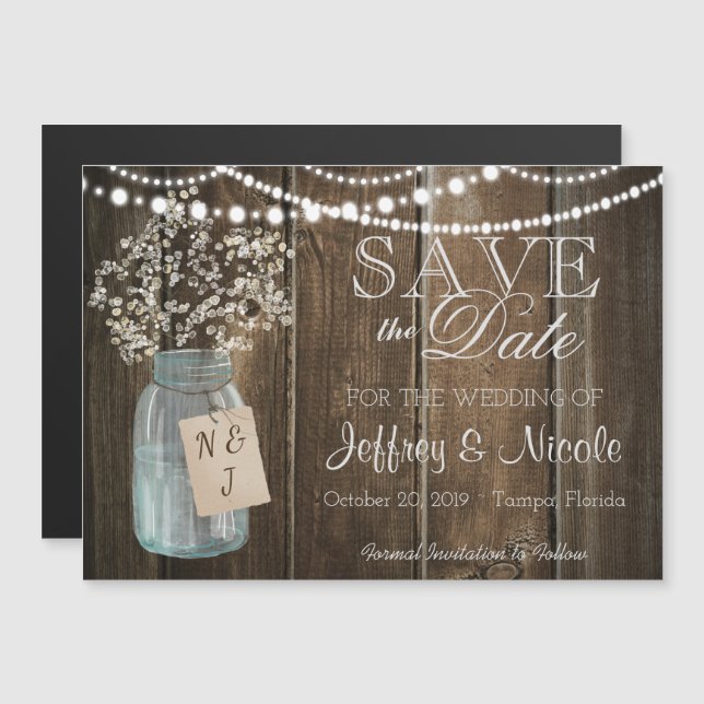 Invitation Magnétique Wood Rustic Country Barne Mariage Date de sauvegar (Devant / Derrière)