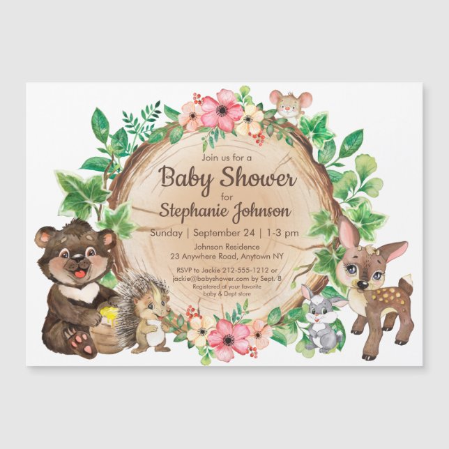 Invitation Magnétique Woodland Rustic Animal Baby shower neutre (Devant)
