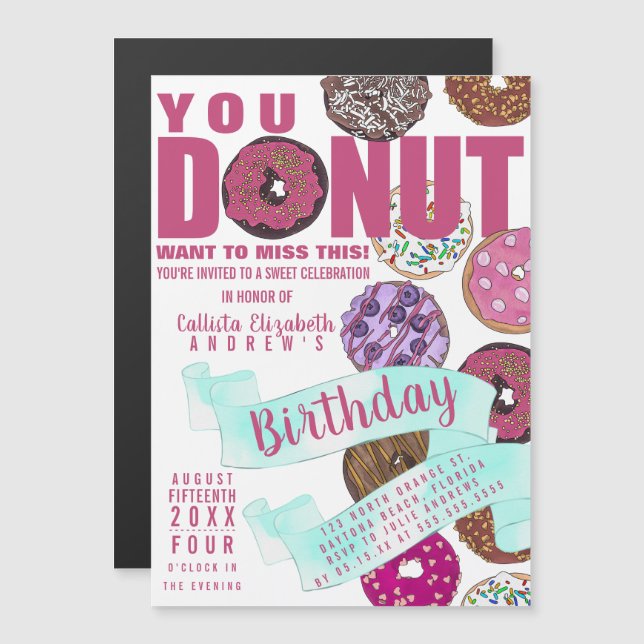 Invitation Magnétique Yummy Rose Turquoise Donuts Aquarelle Anniversaire (Devant / Derrière)