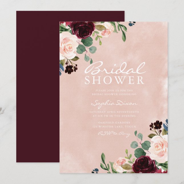 Invitation Magnifique Aquarelle Blush Fête des mariées Bourgo (Devant / Derrière)