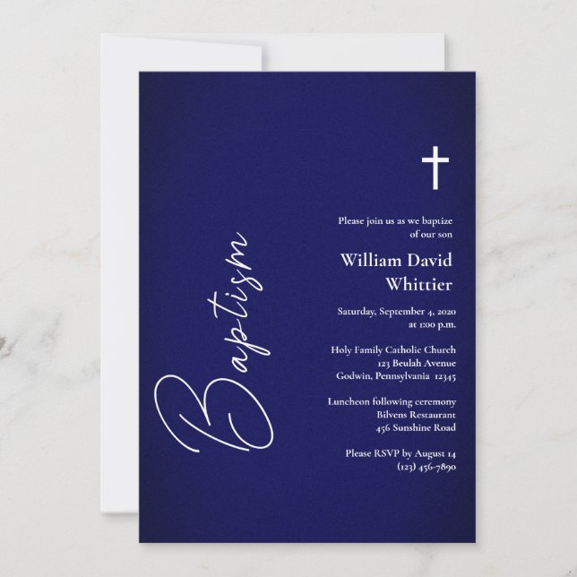 Invitation Magnifique Baptême Catholique Romain Bleu (Devant)
