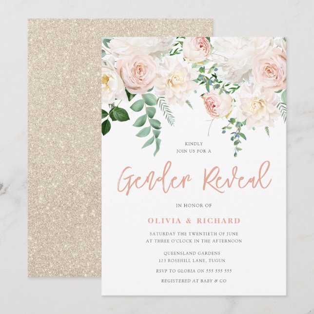 Invitation Magnifique Blush & White Floral Genre Revevela Par (Devant / Derrière)