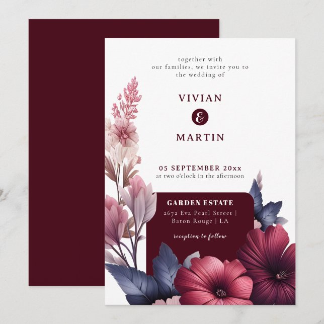 Invitation Magnifique Bourgogne & Mariage rose pâle (Devant / Derrière)