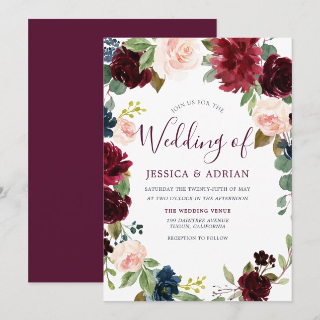 Invitation Magnifique Bourgogne Red Wine Blush Wedding Invita (Devant / Derrière)