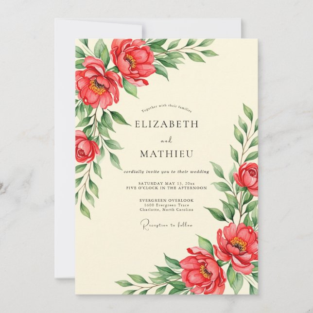Invitation Magnifique Mariage Botanique Rouge (Devant)