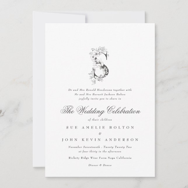Invitation Magnifique Mariage floral 'S' Monogramme (Devant)