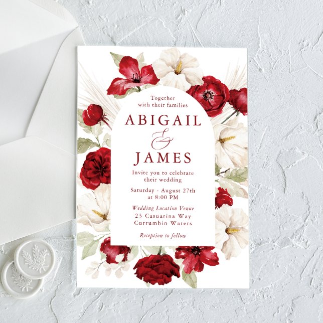 Invitation Magnifique Ruby Rouge & Blanc Mariage Floral (Créateur téléchargé)