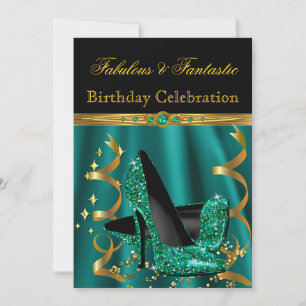 Invitation Magnifiques talons dorés émeraude pour fête d'anni