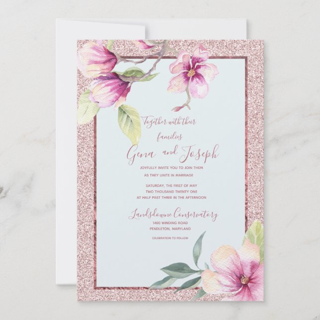 Invitation Magnolia Aquarelle Crystal Parties scintillant ros (Devant)