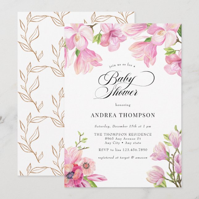 Invitation Magnolia | Baby shower floral rose (Devant / Derrière)