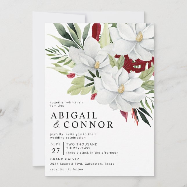 Invitation Magnolia blanc vert rouge tropical (Devant)