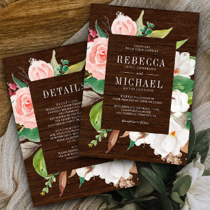 Invitation Magnolia blanche Fleurs roses en bois Tout en Un M