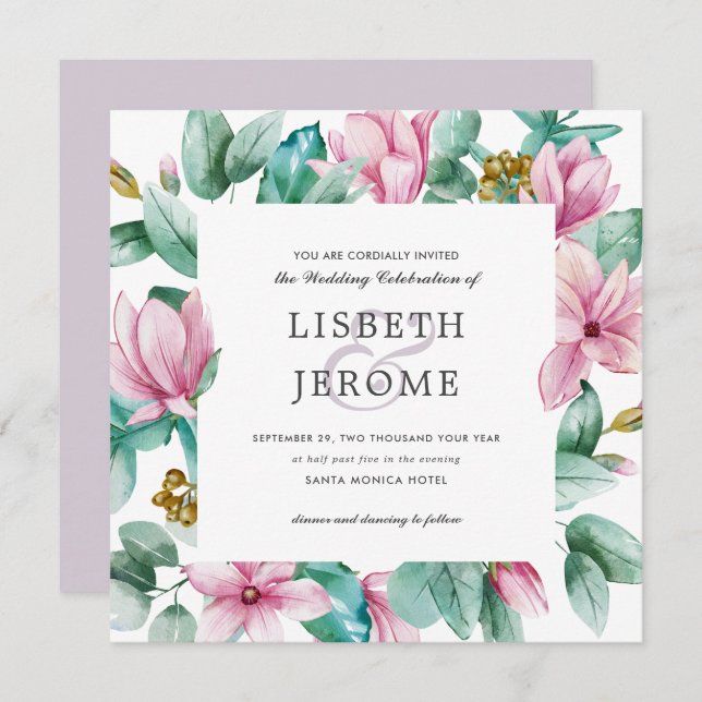 Invitation Magnolia Bloom | Mariage botanique floral (Devant / Derrière)