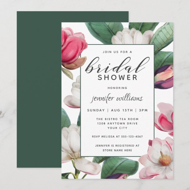 Invitation Magnolia Blossoms Boho Fête des mariées Florale (Devant / Derrière)
