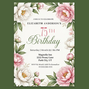 Invitation Magnolia et Pivoine Rose Tendre 75e Anniversaire