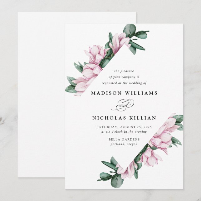 Invitation Magnolia & Eucalyptus | Cadre Floral Mariage (Devant / Derrière)