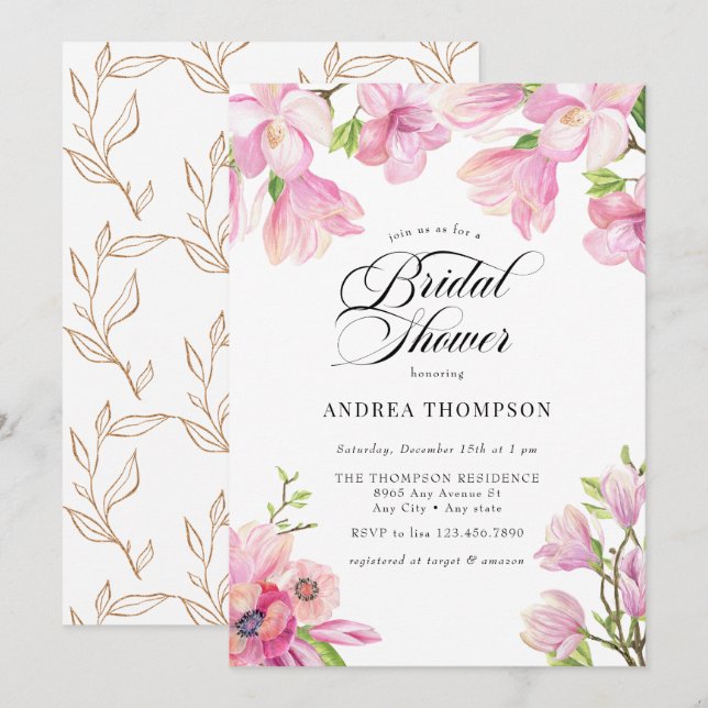 Invitation Magnolia | Fête des mariées florale rose (Devant / Derrière)