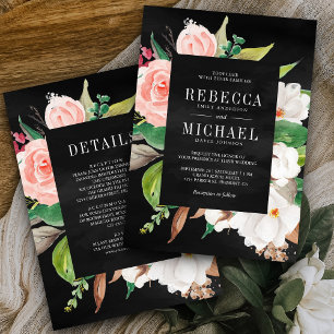 Invitation Magnolia Fleurs Roses Tout en Un Mariage Noir