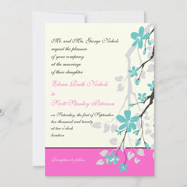 Invitation Magnolia fleurs turquoise, mariage rose chaud (Devant)