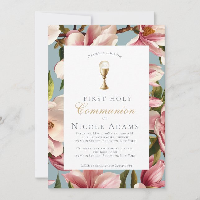 Invitation Magnolia Floral First Communion  (Devant)
