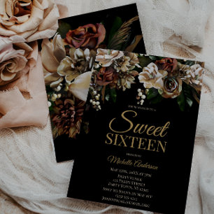 Invitation Magnolia Gold et Black Floral Sweet sixteen