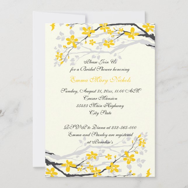 Invitation Magnolia jaune, fleurs grises douche nuptiale (Devant)