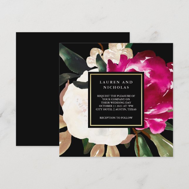 Invitation Magnolia peint sur noir | MARIAGE (Devant / Derrière)